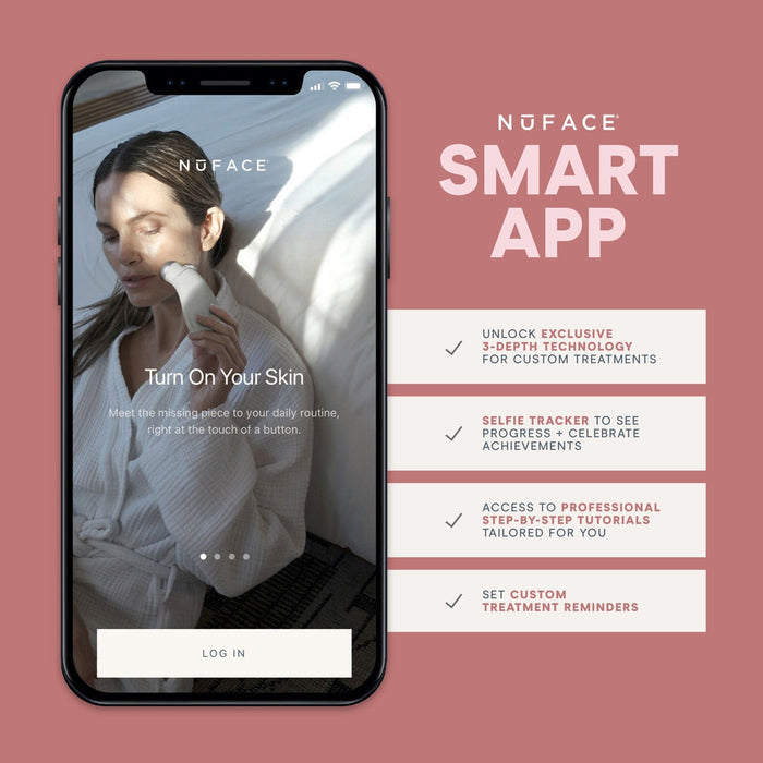 Smartphone displaying the NuFACE app interface with a woman using a facial device, promoting the MINI+ Starter Kit | NuFACE and highlighting features like exclusive technology, selfie tracker, professional tutorials, and custom reminders.