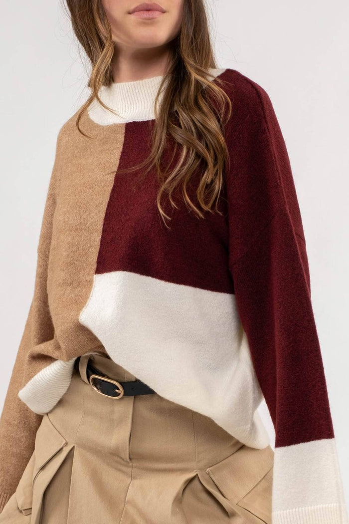 MOCK NECK COLOBLOCK SWEATER