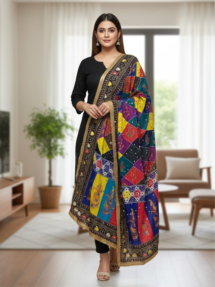 Kurti Connection USA multi-colored Makai silk dupatta with intricate patchwork and embroidered border