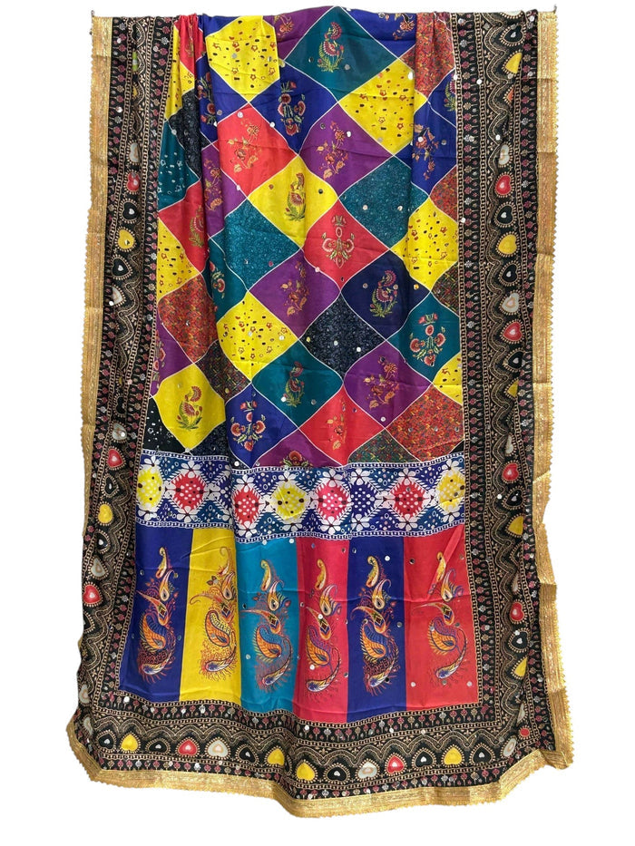 Kurti Connection USA multi-colored Makai silk dupatta featuring a diamond pattern, paisley motifs, and gold trim.
