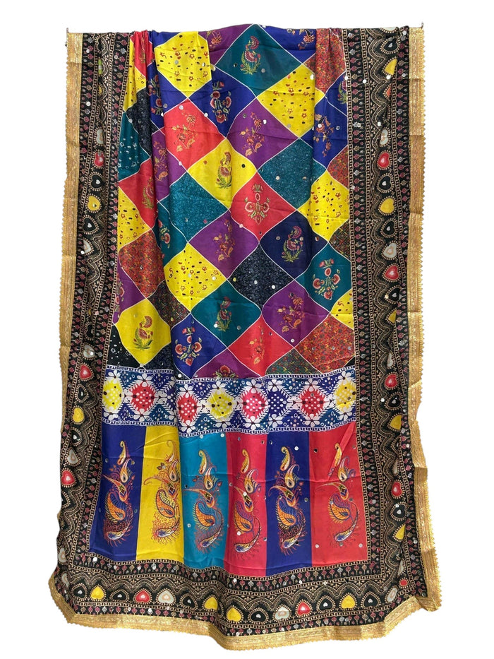 Kurti Connection USA multi-colored Makai silk dupatta featuring vibrant geometric patterns and gold lace trim