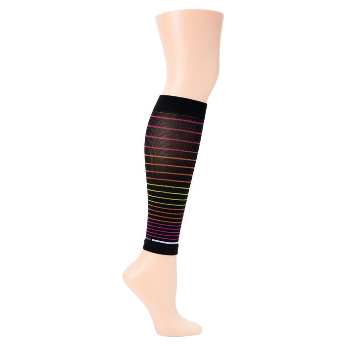 Black compression calf sleeve with multi-colored horizontal stripes, displayed on a mannequin leg.