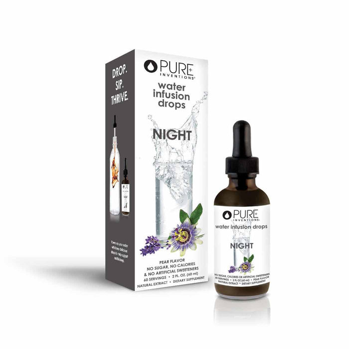 Bottle and packaging of Night Water Infusion Drops | Pure Inventions with pear flavor and natural extract for skincare and wellness supplements.