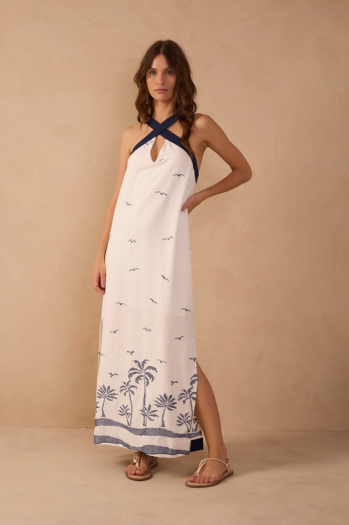 Off-White Embroidered Linen Maxi Dress_1