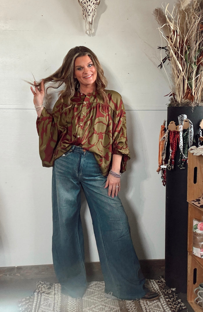 Olive + Burgundy Boho Top
