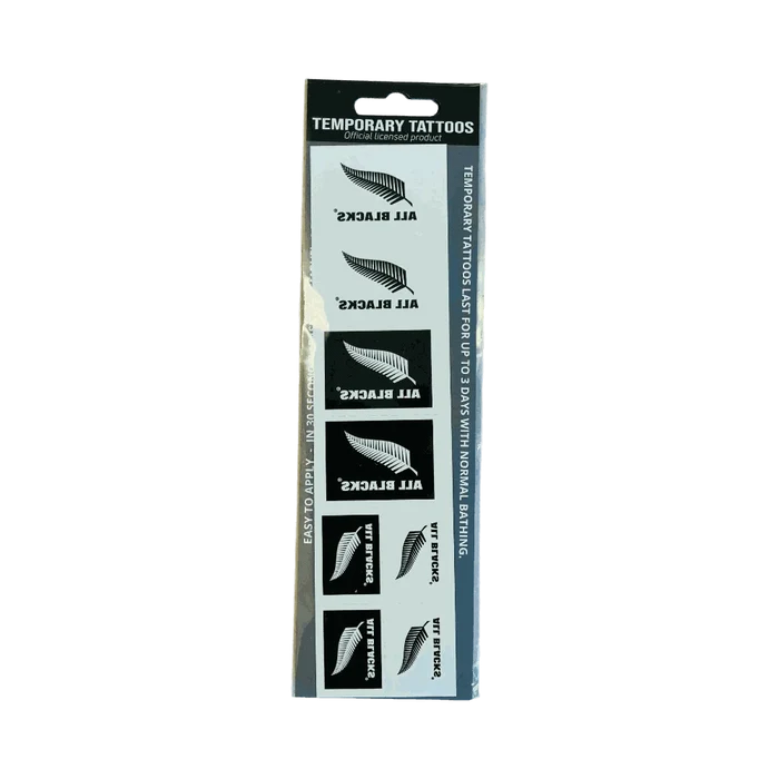 Pack of Olive temporary tattoos featuring official All Blacks silver fern and logo designs