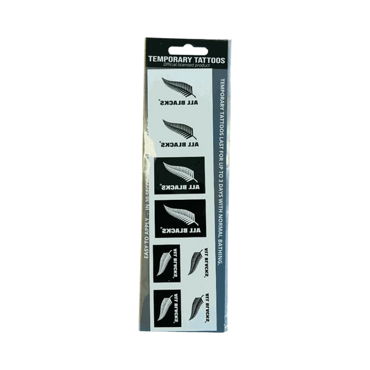Pack of Olive temporary tattoos featuring official All Blacks silver fern and logo designs