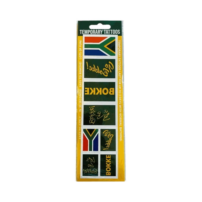 Assorted South African flag and "Go Bokke" supporter olive temporary tattoos on skin
