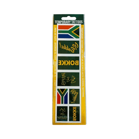 Assorted South African flag and "Go Bokke" supporter olive temporary tattoos on skin