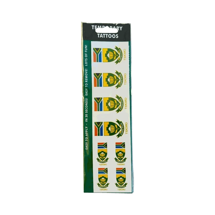 Olive temporary tattoo strips featuring South Africa Cricket emblem and flag designs