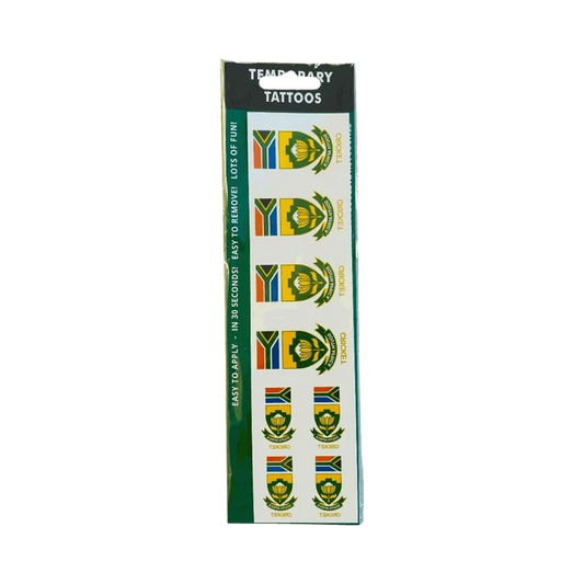 Olive temporary tattoo strips featuring South Africa Cricket emblem and flag designs