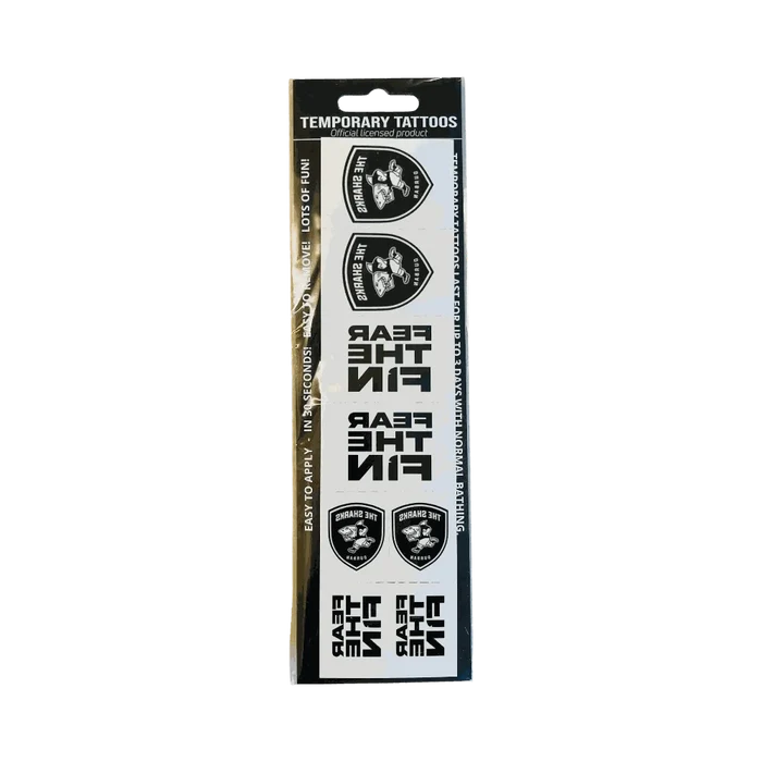 Official The Sharks olive temporary tattoo strips with Fear the Fin designs for rugby fans