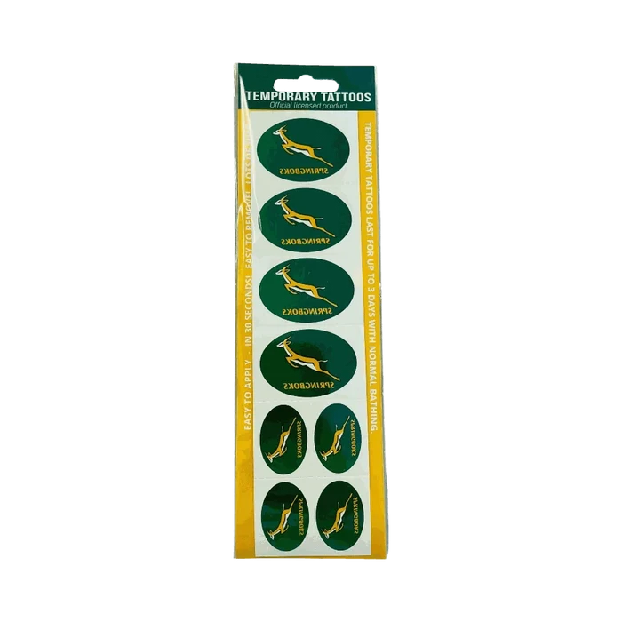 Pack of official Springboks olive temporary tattoo strips with Springbok logo designs on skin