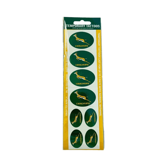 Pack of official Springboks olive temporary tattoo strips with Springbok logo designs on skin