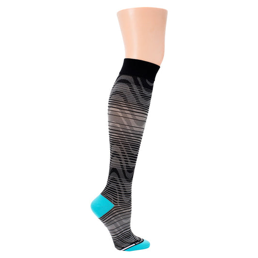 Compression sock with an ombre wave pattern in black and gray, featuring a turquoise heel and toe.