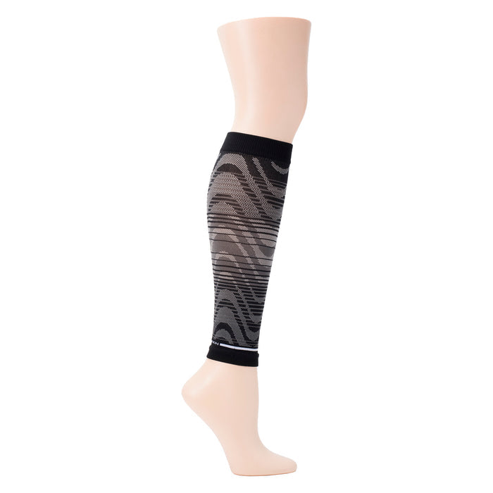 Compression calf sleeve with an ombre wave pattern in black and gray, displayed on a mannequin leg.