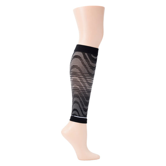 Compression calf sleeve with an ombre wave pattern in black and gray, displayed on a mannequin leg.