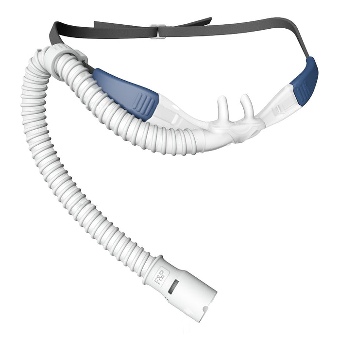 An OptiFlow+ Nasal Cannula with a white body, blue accents, and a flexible tube, designed for high flow systems.
