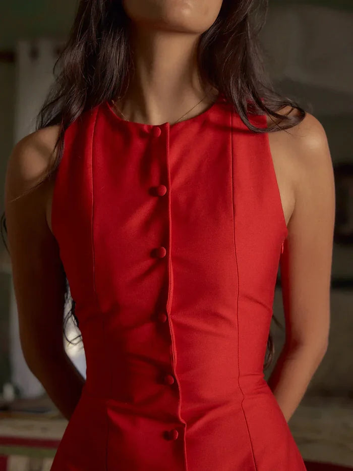 Pink | Short Sleeveless Dress with Front Buttons