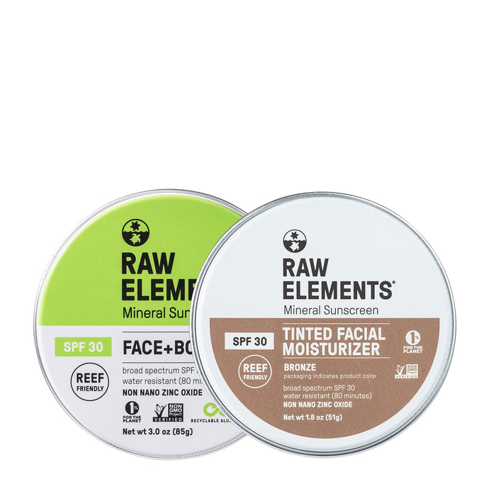 Raw Elements Plastic-Free Sunscreen Bundle SPF 30 - Face + Body Tin & Tinted Face Moisturizer