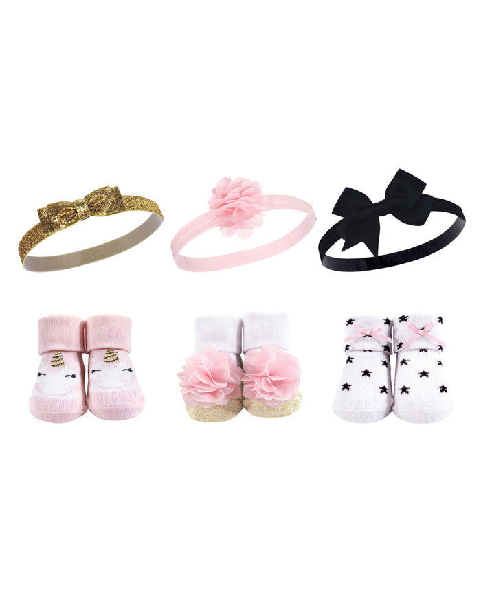 Baby girl headband and sock set with gold sequin, pink, and black bow accents