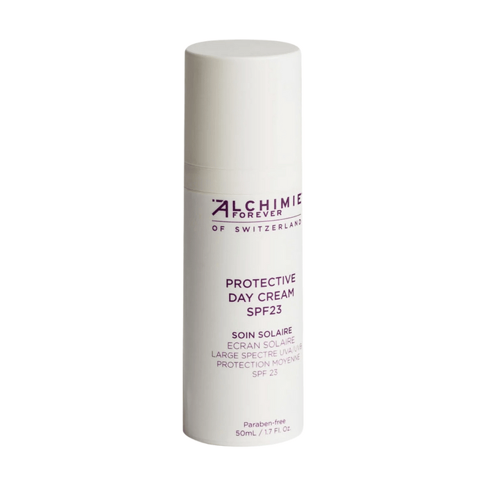 Bottle of Protective Day Cream SPF 23 | Alchimie Forever, a paraben-free skincare product with sun protection in a white container for daily use.