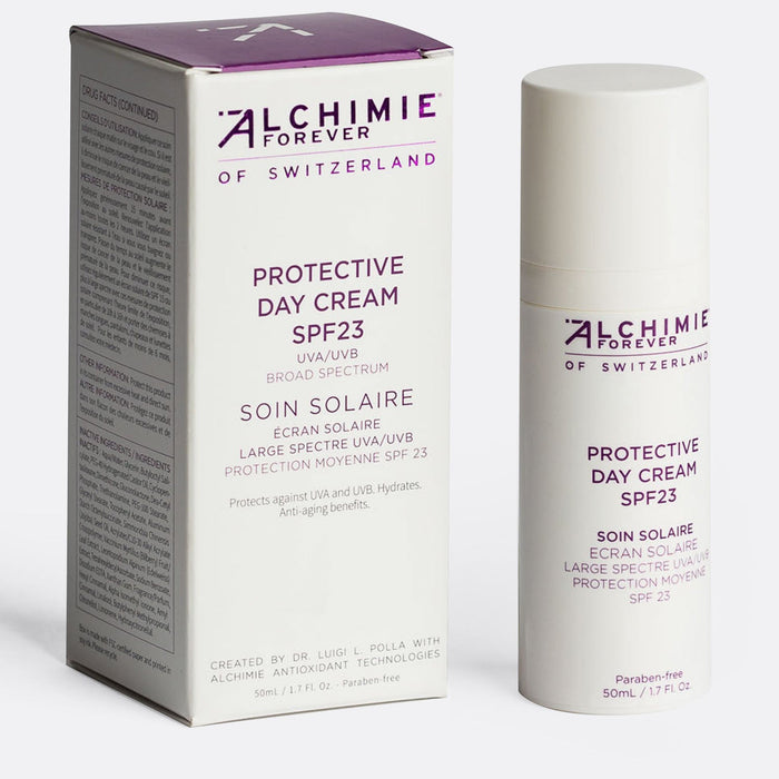 Protective Day Cream SPF 23 | Alchimie Forever skincare product displayed with its box, offering broad spectrum UVA/UVB sun protection and hydration benefits.