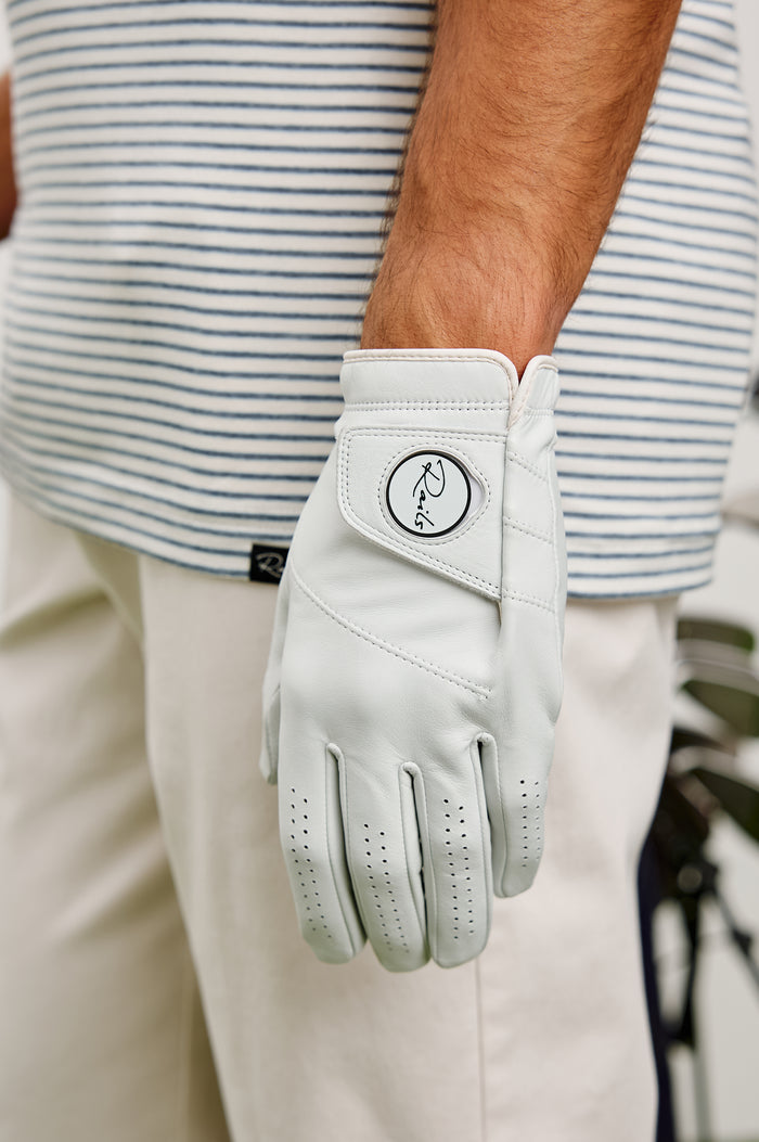 Left Handed Golf Gloves in Leather With Rails Logo Detail in White Colorway - Stylized Product View Featured