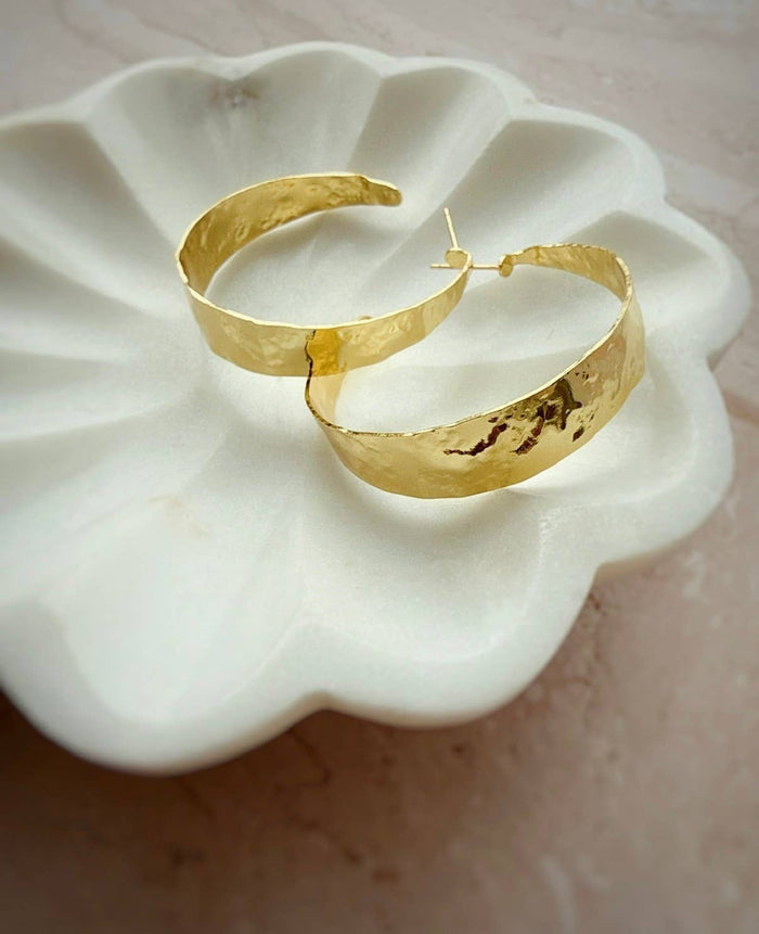 Rain Hammered Statement Hoops Earrings Gold Filled