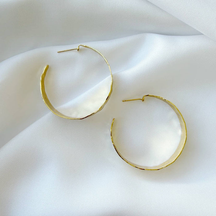 Rain Hammered Statement Hoops Earrings Gold Filled