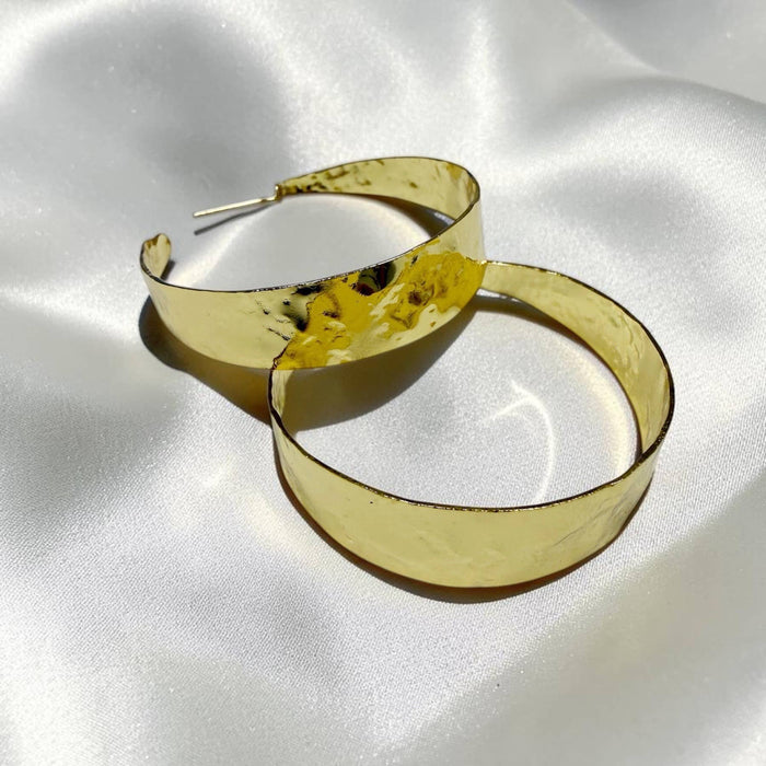 Rain Hammered Statement Hoops Earrings Gold Filled