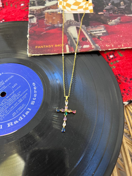 Rainbow Crystal Cross Pendant Necklace