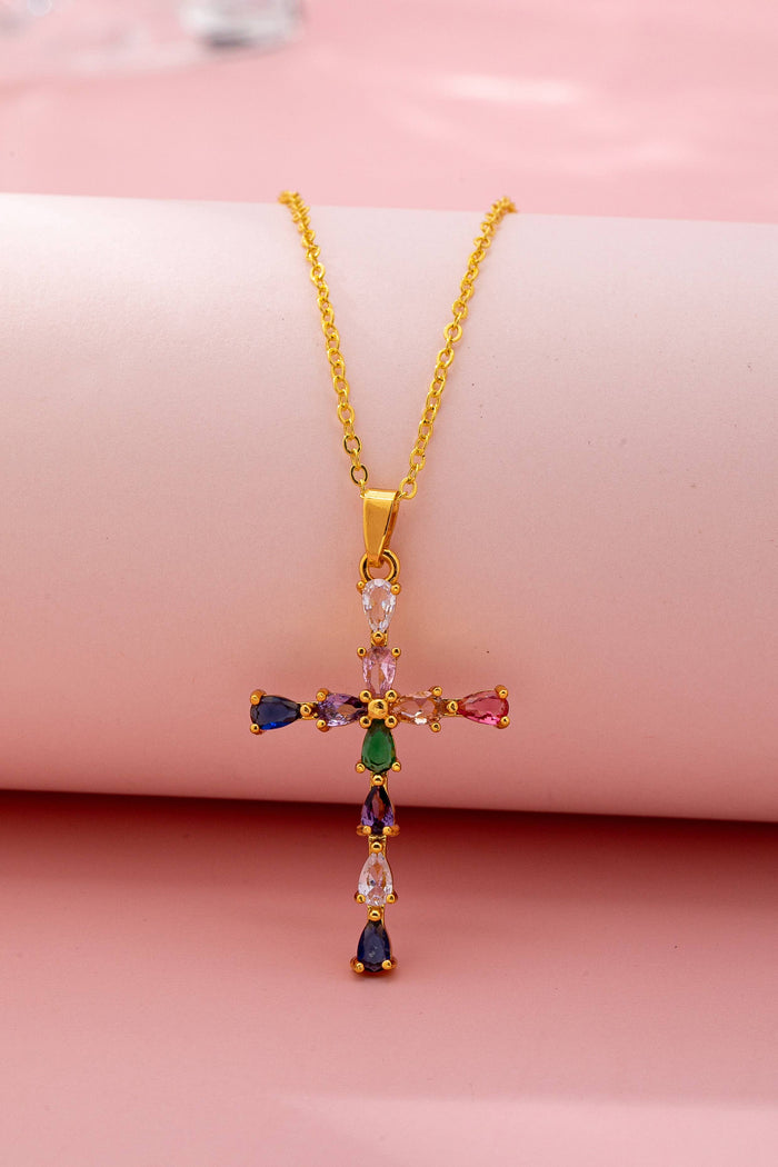 Rainbow Crystal Cross Pendant Necklace