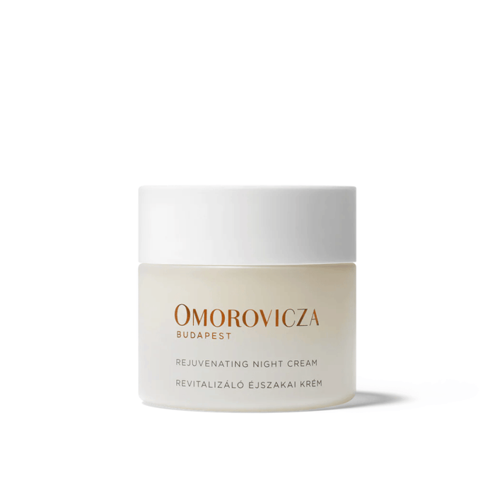Minimalist jar of Rejuvenating Night Cream | Omorovicza with a frosted glass container and white lid, showcasing elegant skincare packaging for night-time use.
