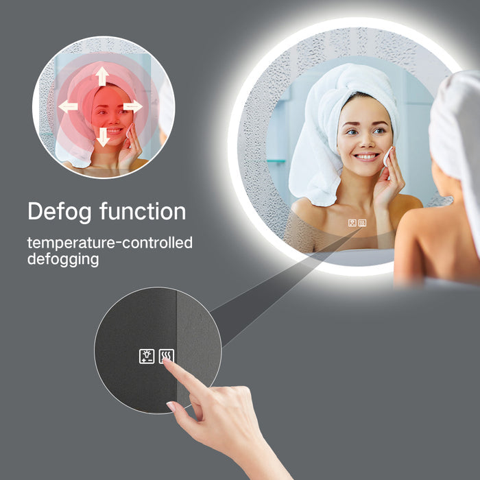Round frameless LED bathroom vanity mirror with anti-fog, 24 and 32 inch