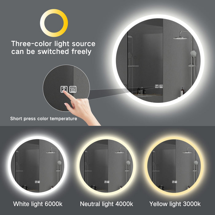 Round frameless LED bathroom vanity mirror with anti-fog, 24 and 32 inch
