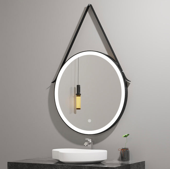 Black framed round LED mirror with hanging belt and anti-fog