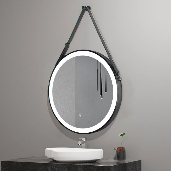 Black framed round LED mirror with hanging belt and anti-fog