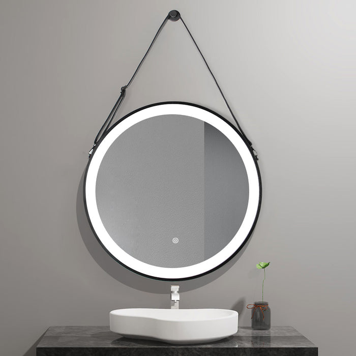 Black framed round LED mirror with hanging belt and anti-fog