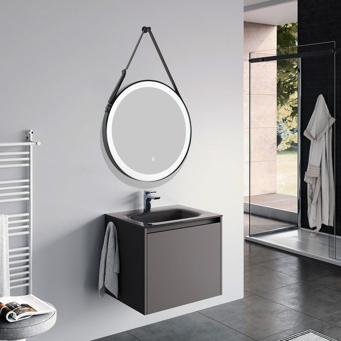 Black framed round LED mirror with hanging belt and anti-fog