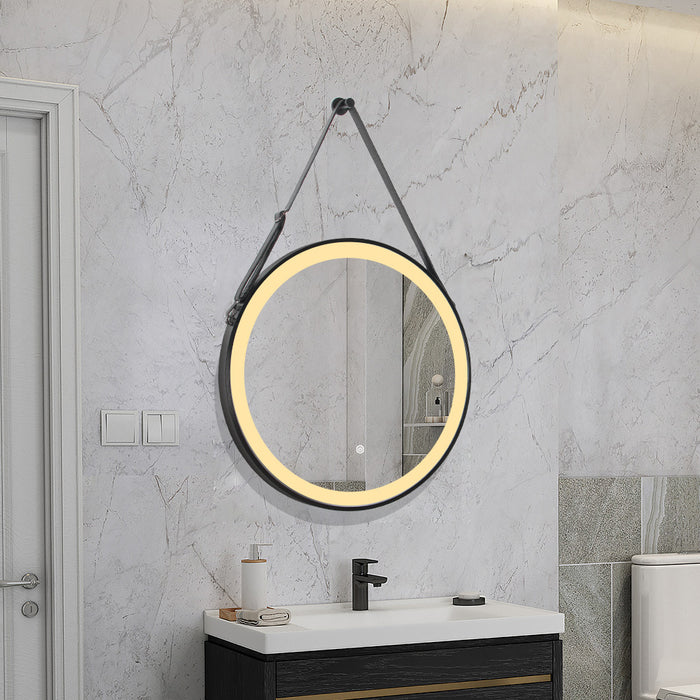 Black framed round LED mirror with hanging belt and anti-fog