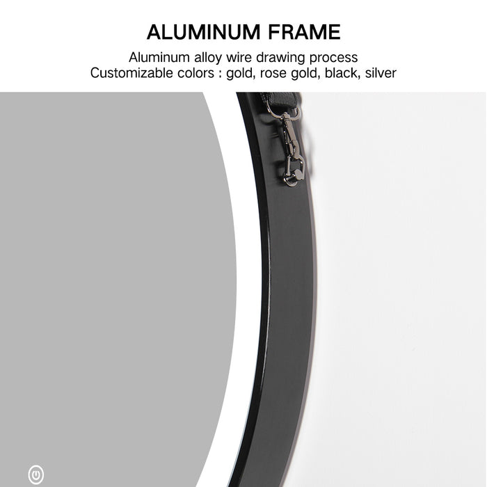 Black framed round LED mirror with hanging belt and anti-fog