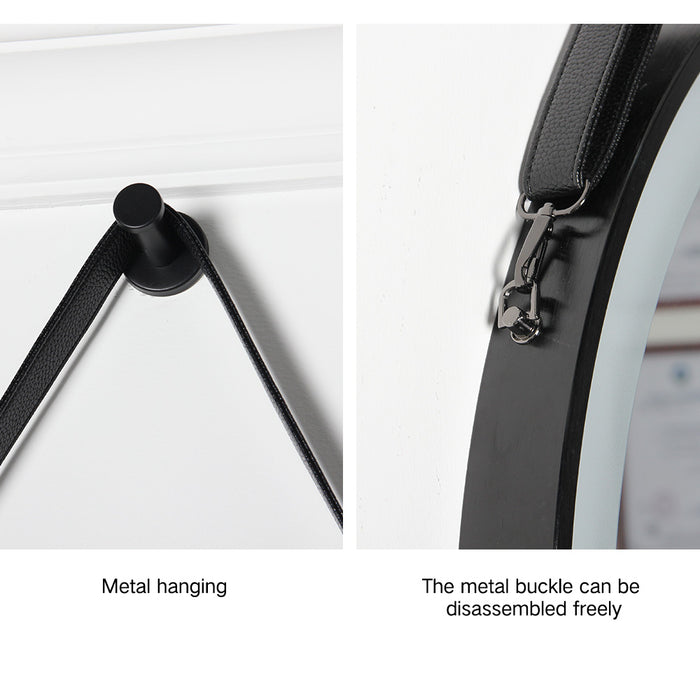 Black framed round LED mirror with hanging belt and anti-fog