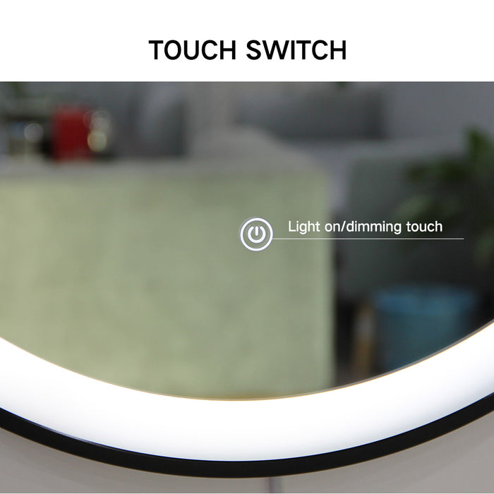 Black framed round LED mirror with hanging belt and anti-fog