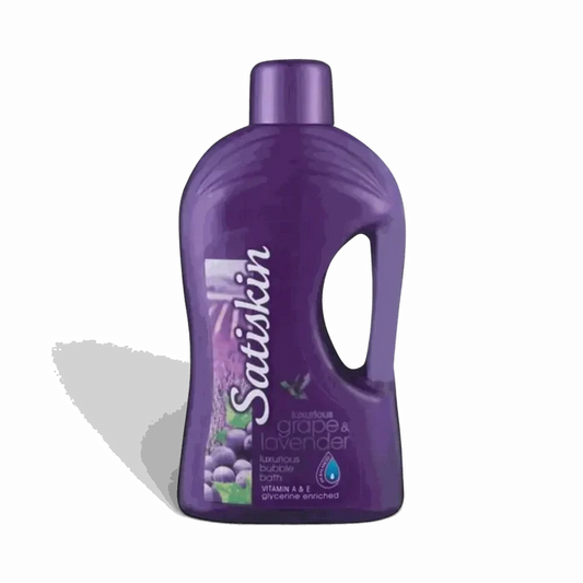 Satinskin Luxury Bubble Bath 2L Grape and Lavender bottle with bubbles