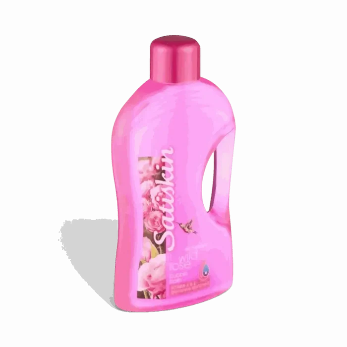 Satinskin Luxury Bubble Bath Wild Rose 2L bottle with bubbles and rose petals