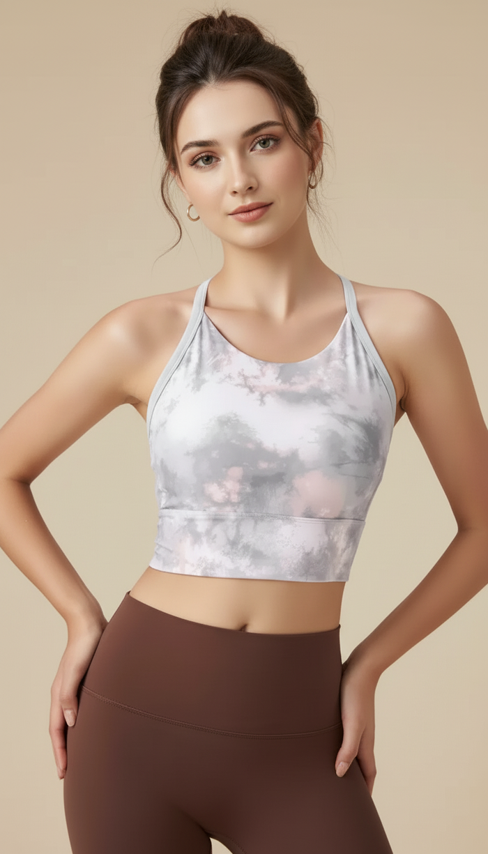 Serene Marble Longline Sports Bra – Cloud Grey