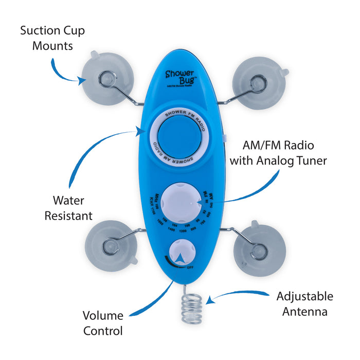 Zadro SB02HB 705004420013 product photo front view with specs, shower bug am/fm radio in front of a white background