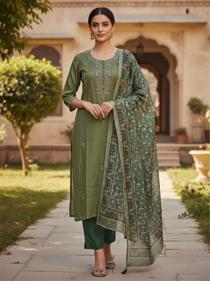 Kurti Connection USA olive green silk salwar suit with intricate embroidery and a matching printed dupatta