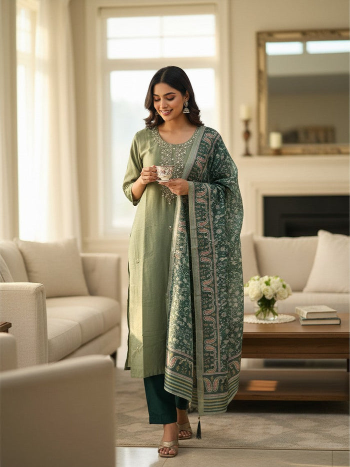 Kurti Connection USA silk salwar suit in sage green with intricate embroidery and a patterned dupatta in a home setting